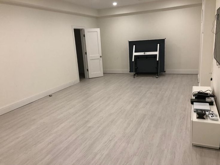 Light gray vinyl plank in a finished basement